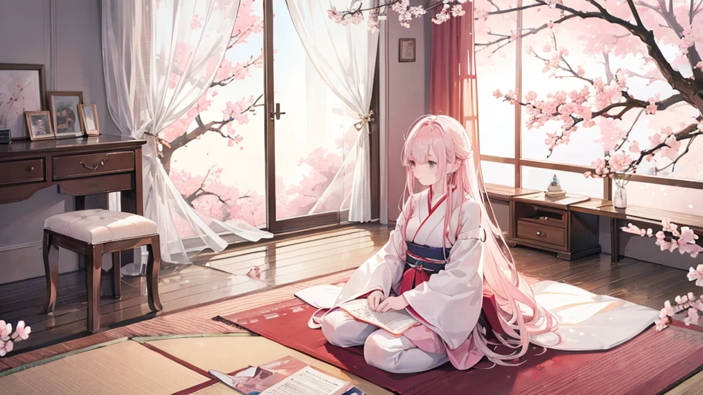 A girl studying in a room while listening to music, Beautiful night cherry blossoms can be seen through the window,high resolution,Extremely detailed,Practical,study,Beautiful and delicate eyes,Beautiful and delicate lips,Long eyelashes,Peaceful atmosphere,Paper and textbooks,Soft lighting,Comfortable atmosphere,Traditional wooden desk and chair,Relaxing music,Focus,Inner Peace,A calm mood,Light through the curtains,Japanese-style room,Soft and warm colors,Natural Lighting,Subtle shadows,Soft yet vibrant colors,breeze,The gentle sound of cherry blossom petals falling,Quiet and peaceful environment,Natural Beauty,Pastel color palette,Calm environment,peaceful.