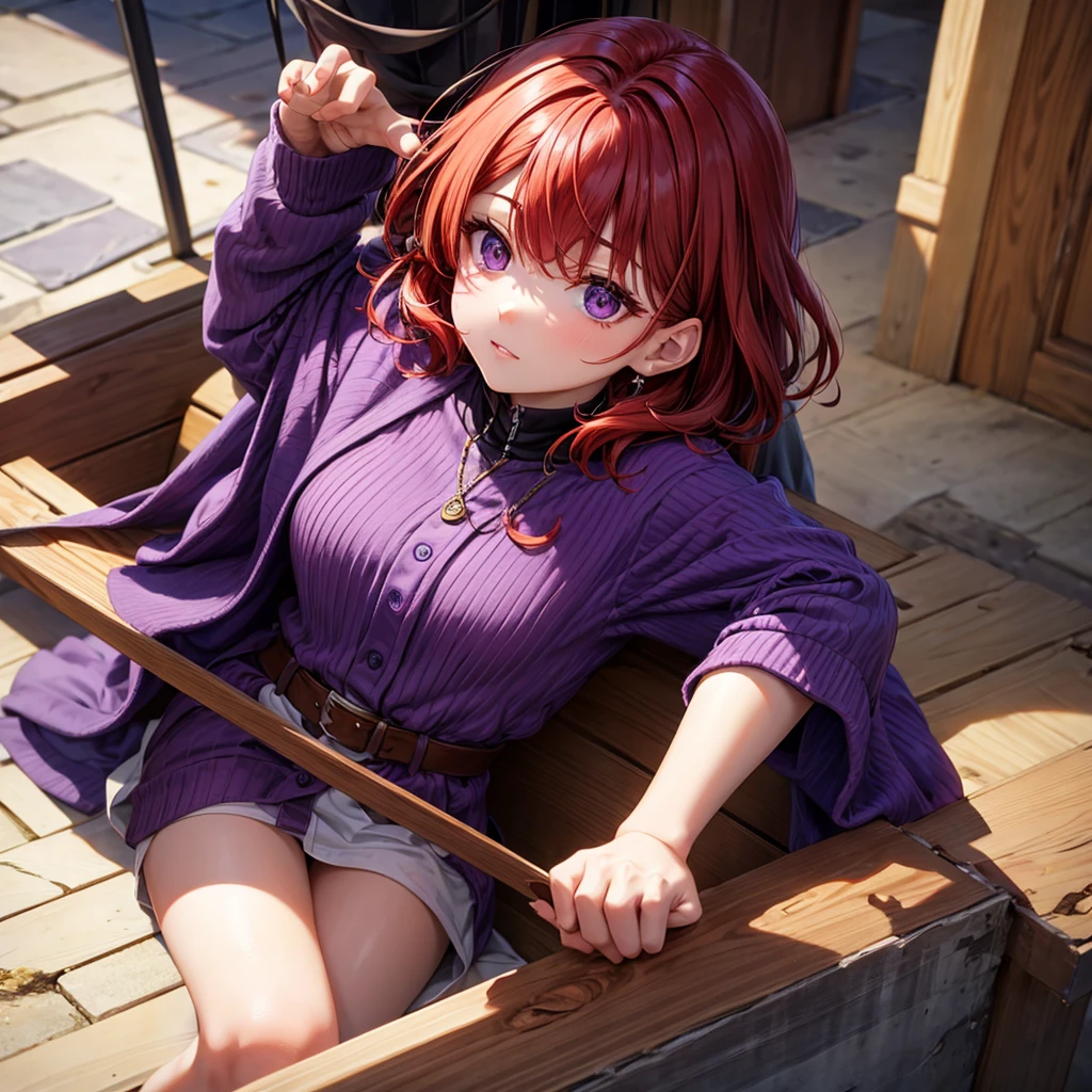Red hair, eyes browns, shorth hair, skin fair, purple clothes