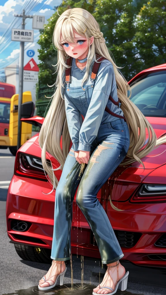 ((best quality, masterpiece:1.3, 8K)), (detailed), highly detailed face and skin texture, detailed eyes, downtown, full body, slender body, 1girl, 25 years old, white skin, blue eyes, worried, embarrassed, long hair, (forehead:0.8), (stylish top:1.2), denim pants, blue jeans, footwear, peeing jeans, peeing pants, pee stain, (wetting herself), desperation,