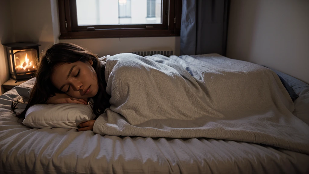 A woman sleeps with a blanket on a bed, next to a window with a stove, at night.