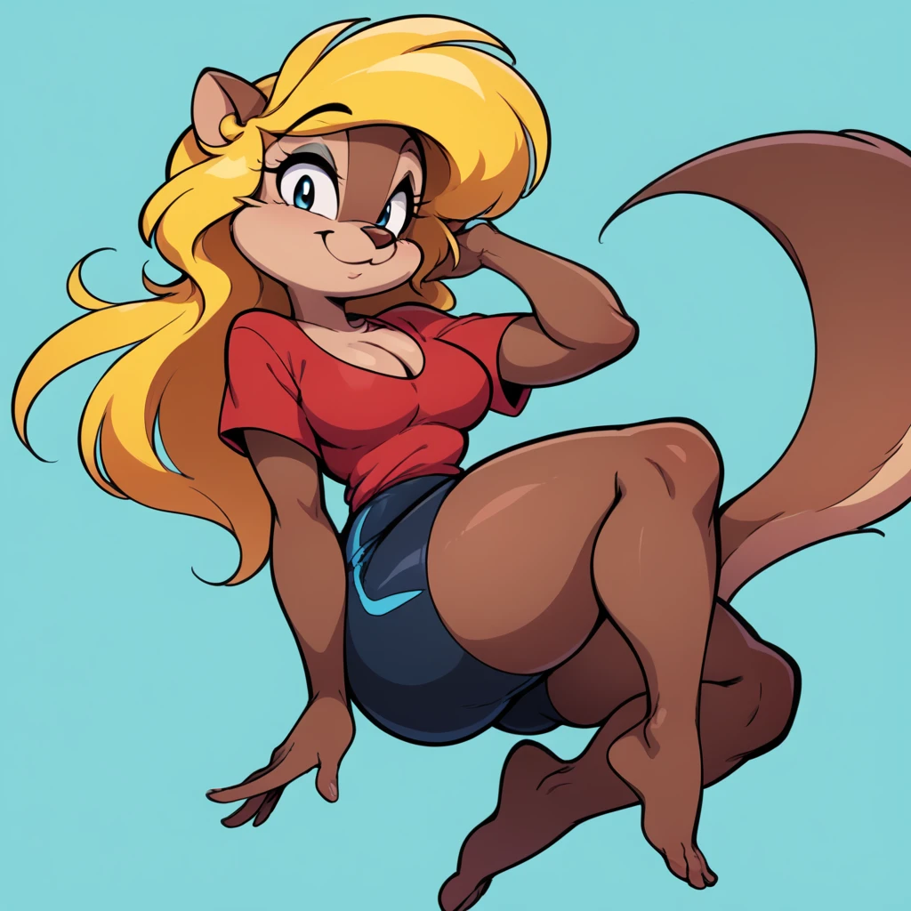 score_9, score_8_up, score_7_up, score_6_up, score_5_up, score_4_up, (Source furry), 1girl, solo, looking at viewer, smile, blue eyes, turquoise blue background, shirt, turquoise blue background, animal ears, cleavage, medium breasts, closed mouth, falling down into a black hole, tail, full thick body, barefoot, furry, cyberworld environment, standing and posing a pin up pose, black swimming shorts, has thick thighs, thick thighs, bright red shirt, animal nose, snout, amy squirrel , blonde hair, long hair, two tone fur, brown fur, furry female, body fur