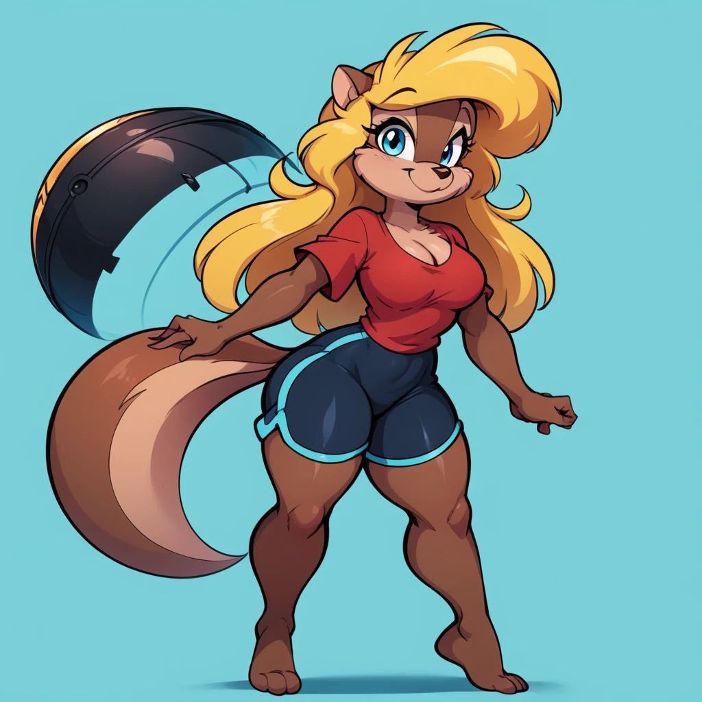 score_9, score_8_up, score_7_up, score_6_up, score_5_up, score_4_up, (Source furry),  1girl, solo, looking at viewer, smile, blue eyes, turquoise blue background, shirt, turquoise blue background, animal ears, cleavage, medium breasts, closed mouth, falling down into a black hole, tail, full thick body, barefoot, furry, cyberworld environment, standing and posing a pin up pose, black swimming shorts, has thick thighs, thick thighs, bright red shirt, animal nose, snout, amy squirrel , blonde hair, long hair, two tone fur, brown fur, furry female, body fur 