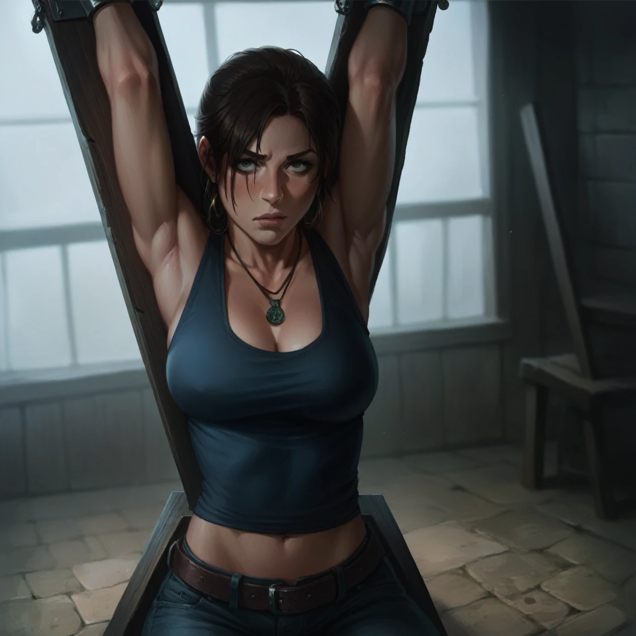 Lara croft in stocks pose,full body with cuffs, wearing a jeans and tank top,