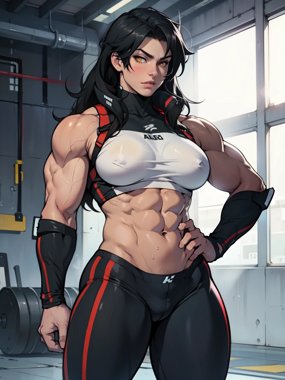 solo standing skintight ((muscular girl perfect anatomy)) toned body massive breasts yellow eyes black hair pale skin