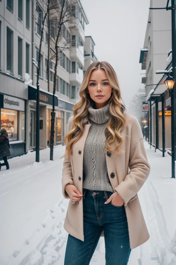 professional portrait photograph of a gorgeous Norwegian girl in winter clothing with long wavy blonde hair, sultry flirty look, gorgeous symmetrical face, cute natural makeup, wearing elegant warm winter fashion clothing, ((standing outside in snowy city street)), stunning modern urban environment, ultra realistic, concept art, elegant, highly detailed, intricate, sharp focus, depth of field, f/1. 8, 85mm, medium shot, mid shot, (((professionally color graded))), bright soft diffused light, (volumetric fog), trending on instagram, hdr 4k, 8k