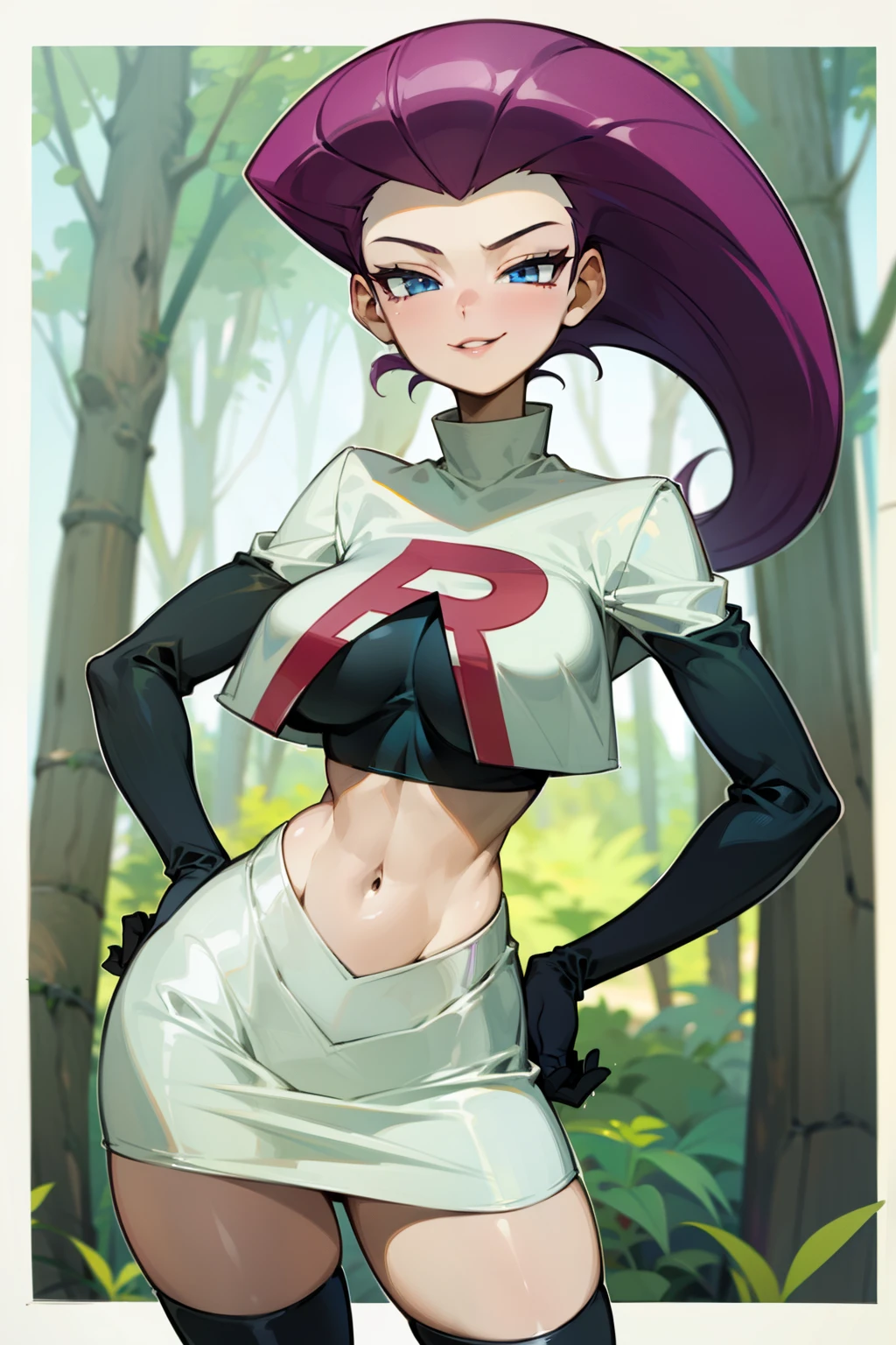 (Masterpiece), Best Quality, ultra-detailed, 1girl (jessie pokemon,Slender and sexy body, Big and pretty breasts, hair slicked back, long hair,purple hair,blue eyes , half-closed eyes), smirk, parted lips, facing viewer, looking at viewer, solo, 
team rocket ,team rocket uniform ,white skirt,crop top,thighhighs,elbow gloves, in the forest, standing, Sexy waist teasing, one hand on hips 