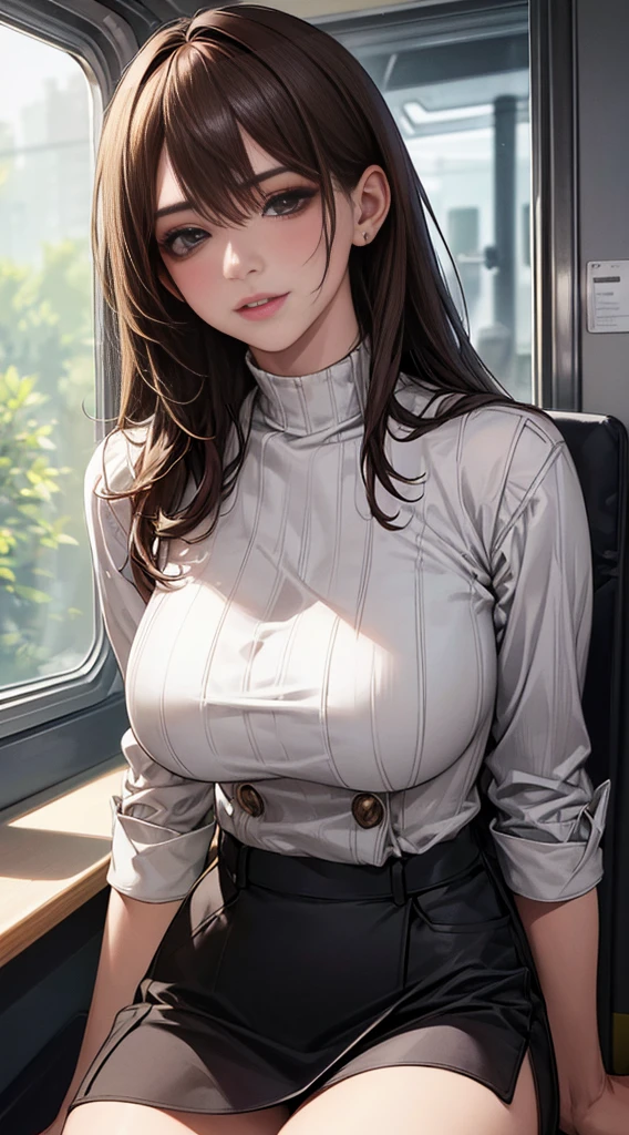 ((Realistic lighting、top-quality、8K、masterpiece:1.3))、Clear focus:1.2、1girl in、Beautiful woman with perfect body shape:1.4、Highly detailed facial and skin texture、hyperdetailed face、Detailed lips、A detailed eye、double eyelid、Brown hair、eye line、eyeshadows、makeup、Tight clothes、(turtleneck shirt、a miniskirt:1.1)、(huge-breasted:1.2)、cleavage of the breast、Sitting on a chair、On the train、Smile