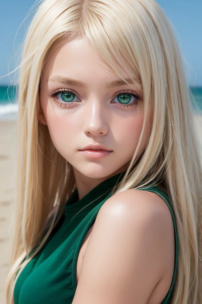 1 girl, blonde, Green Eye, star eye, blush, perfect lighting, side lighting, face detailed, shining skin, fundo de outer banks, realisitic, blonde, long hair, pretty, tanned, along with the pogues, perfect hair
