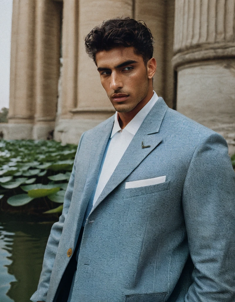 (masterpiece) (highest quality) detailed (((luminescent glowing))) mysterious ancient egyptian god as a ((clothed)) muscular man with (dark tan) in light grey and light blue designer ((((clothes)))) with fishscale pattern, fashion, men's fashion, haute couture, man, dark tan, male model, lotus pond, (Nile river), magic