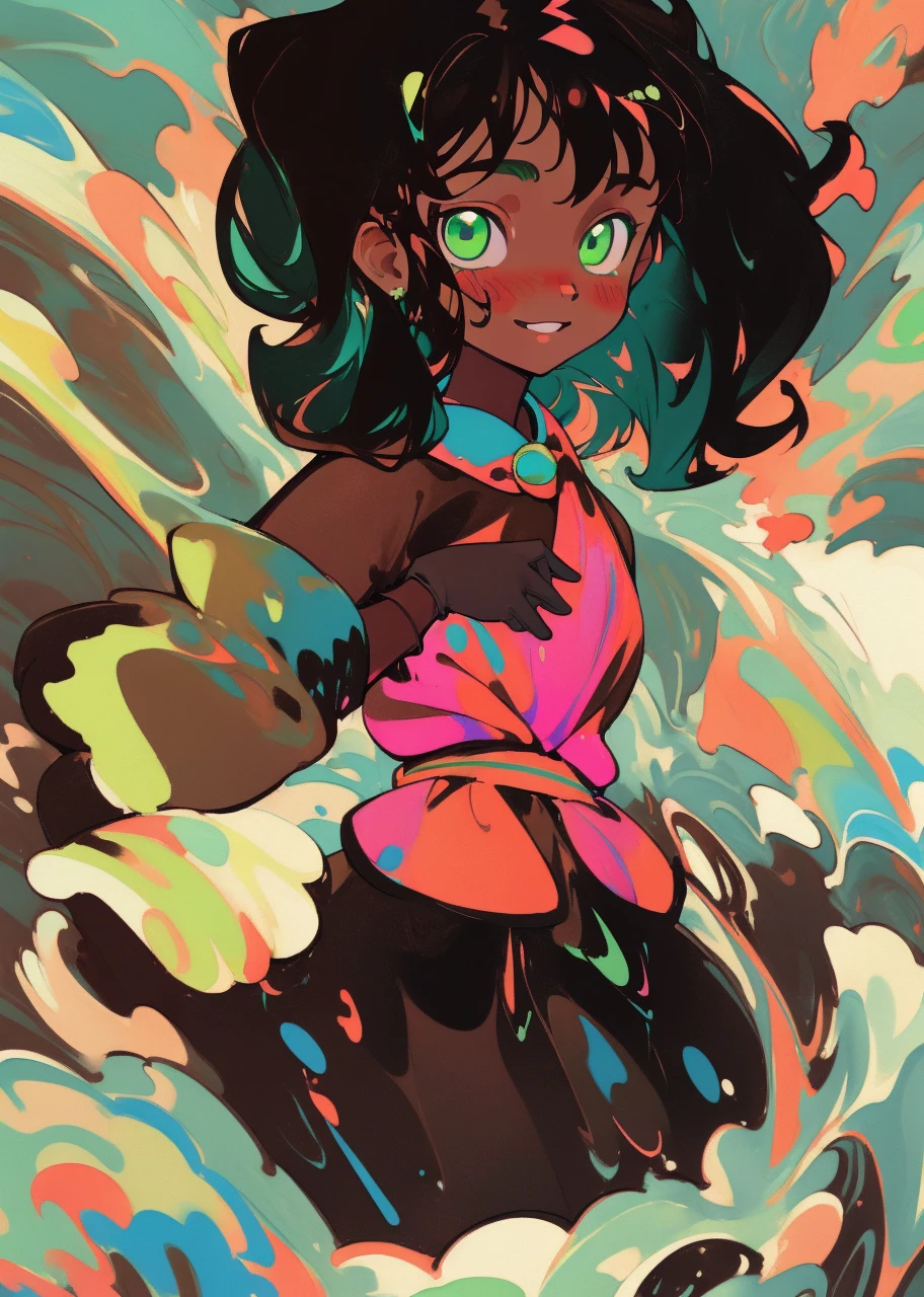 (masterpiece, best quality:1.3), (flat color:1.3),(colorful:1.3),looking at viewer,1girl,solo,floating colorful water,(2D:1.3) smirking beautiful face, Detailed face, white puffy gloves, chocolate brown skin black girl, water paint background, green eyes, blush cheeks