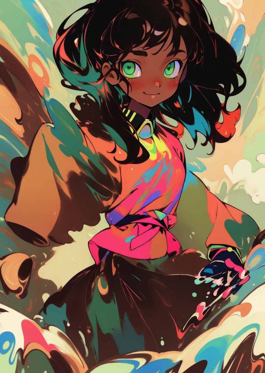 (masterpiece, best quality:1.3), (flat color:1.3),(colorful:1.3),looking at viewer,1girl,solo,floating colorful water,(2D:1.3) smirking beautiful face, Detailed face, white puffy gloves, chocolate brown skin black girl, water paint background, green eyes, blush cheeks
