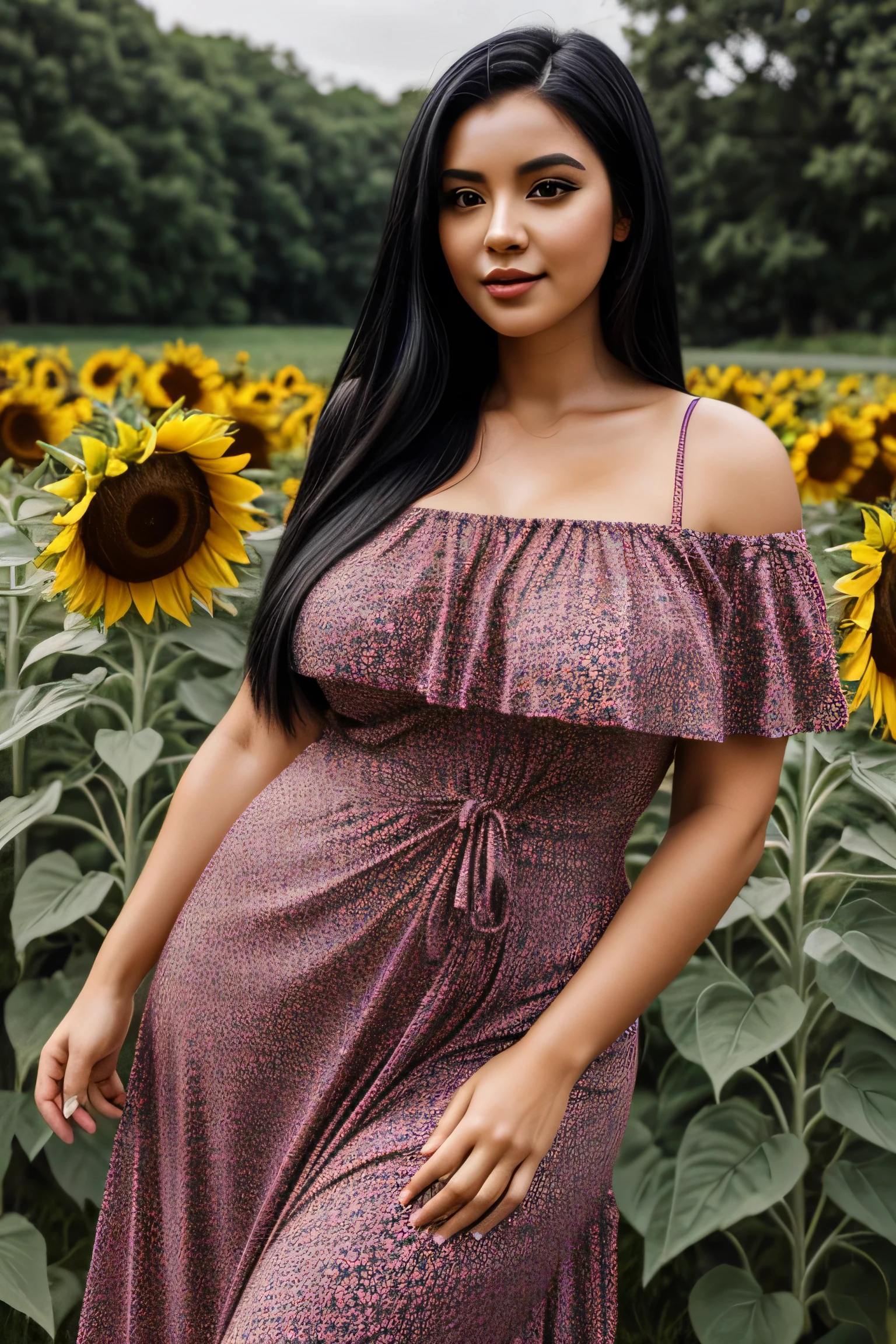 Woman, long straight black hair, pink dress, with sunflowers around it, large bust, chuby, wide hips, looking at the camera, photorealistic.