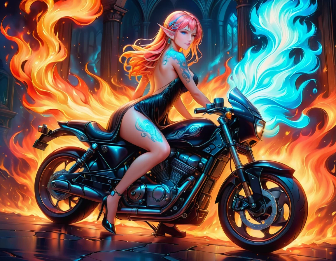 Arafed, Dark fantasy art, fantasy art, goth art, a picture of a of a tattooed female elf near her ((motorcycle: 1.5)) ((masterwork, best detailed, ultra detail: 1.5)) the tattoo is vivid, intricate detailed coming to life from the ink to real life, GlowingRunesAI_paleblue, ((fire surrounds the motorcycle: 1.5)), ultra feminine, ((beautiful delicate face)), Ultra Detailed Face, small pointed ears, dynamic angle, ((the back is visible: 1.3), she wears a transparent black dress, the dress is elegant, flowing, elven style, that the tattoos glow, dynamic hair color, dynamic hair style, high details, best quality, 16k, [ultra detailed], masterpiece, best quality, (extremely detailed), dynamic angle, full body shot, faize, drkfntasy, Digital Painting, Intense gaze