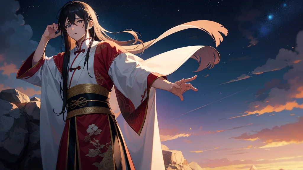 masterpiece, best quality, highres, semi-realistic, male focus, 1boy, black hair, absurdly long hair, lush hair, messy hair, grey eyes, looking at the viewer, annoyed, resting on a rock, wearing a wide sleeved ancient intricate chinese clothes, chinese architecture background, solo, night, stars, galaxy, auspicuous cloud, auspicuous smoke,