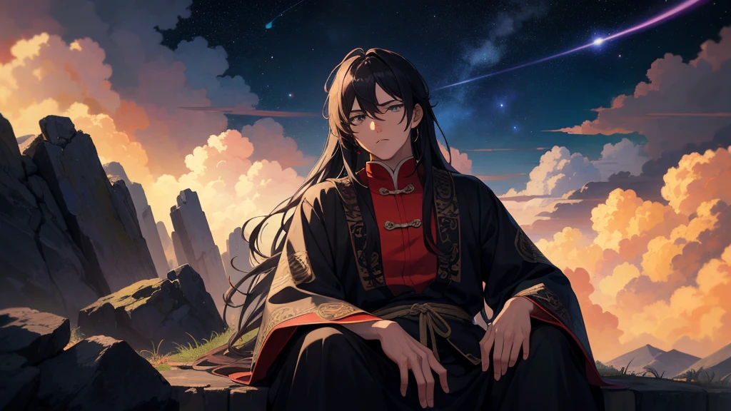 masterpiece, best quality, highres, semi-realistic, male focus, 1boy, black hair, absurdly long hair, lush hair, messy hair, grey eyes, looking at the viewer, annoyed, resting on a rock, wearing a wide sleeved ancient intricate chinese clothes, chinese architecture background, solo, night, stars, galaxy, auspicuous cloud, auspicuous smoke,
