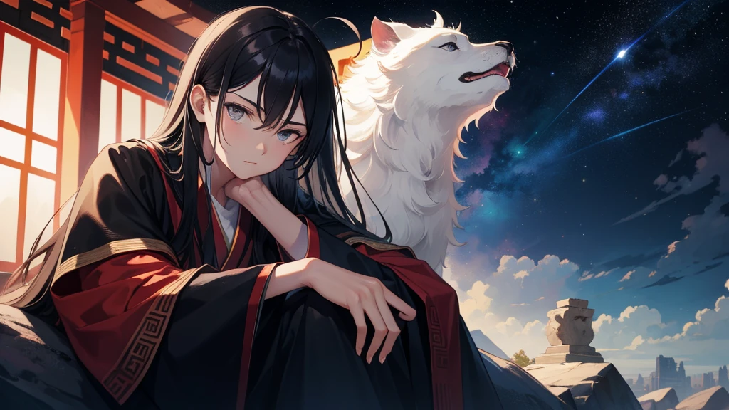 masterpiece, best quality, highres, semi-realistic, male focus, 1boy, black hair, absurdly long hair, lush hair, messy hair, grey eyes, looking at the viewer, annoyed, resting on a rock, wearing a wide sleeved ancient intricate chinese clothes, chinese architecture background, solo, night, stars, galaxy, auspicuous cloud, auspicuous smoke,
