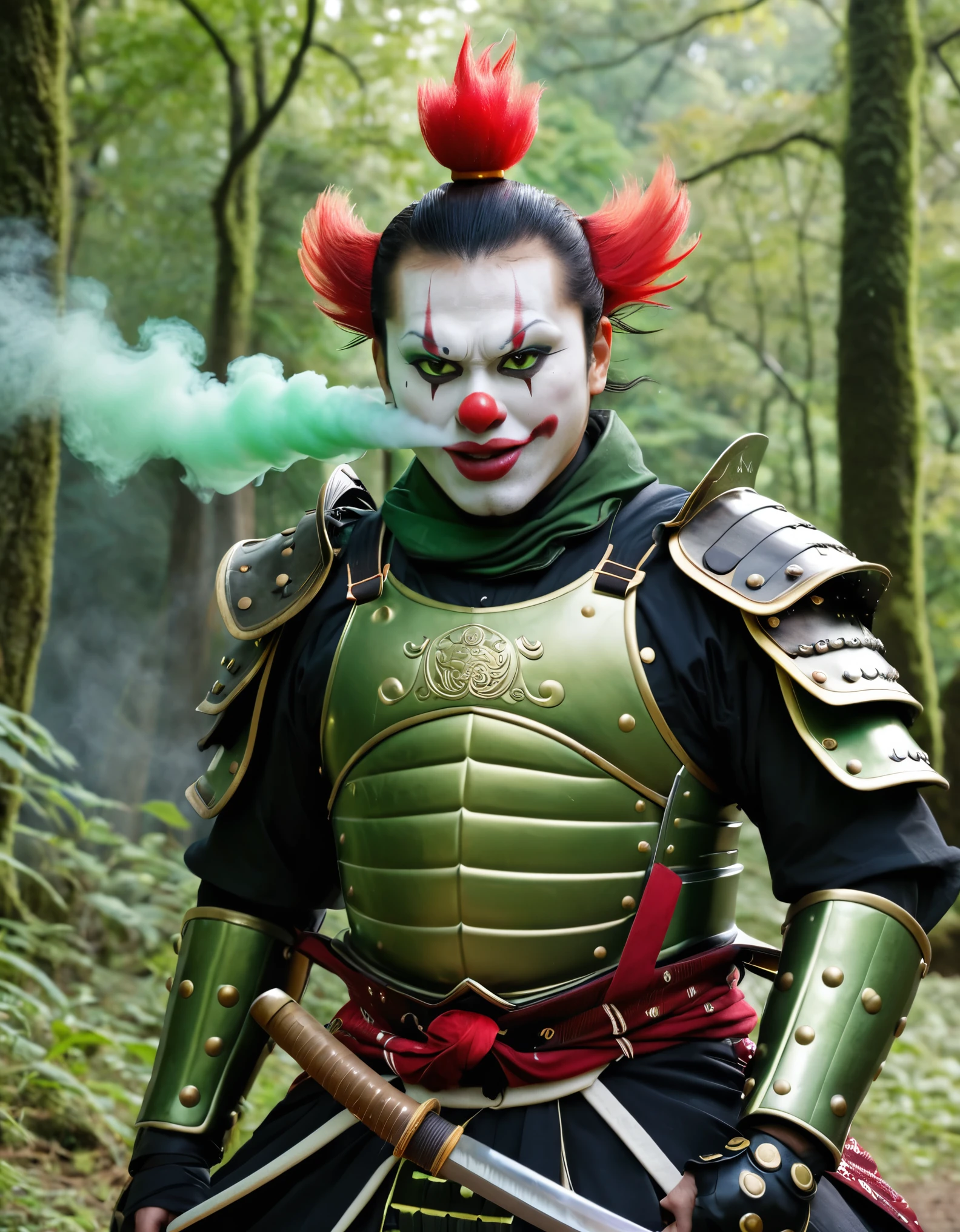 A samurai clown with demonic makeup, green spectral smoke rising from his face, and traditional Japanese armor. The background is a dark, mystical forest.