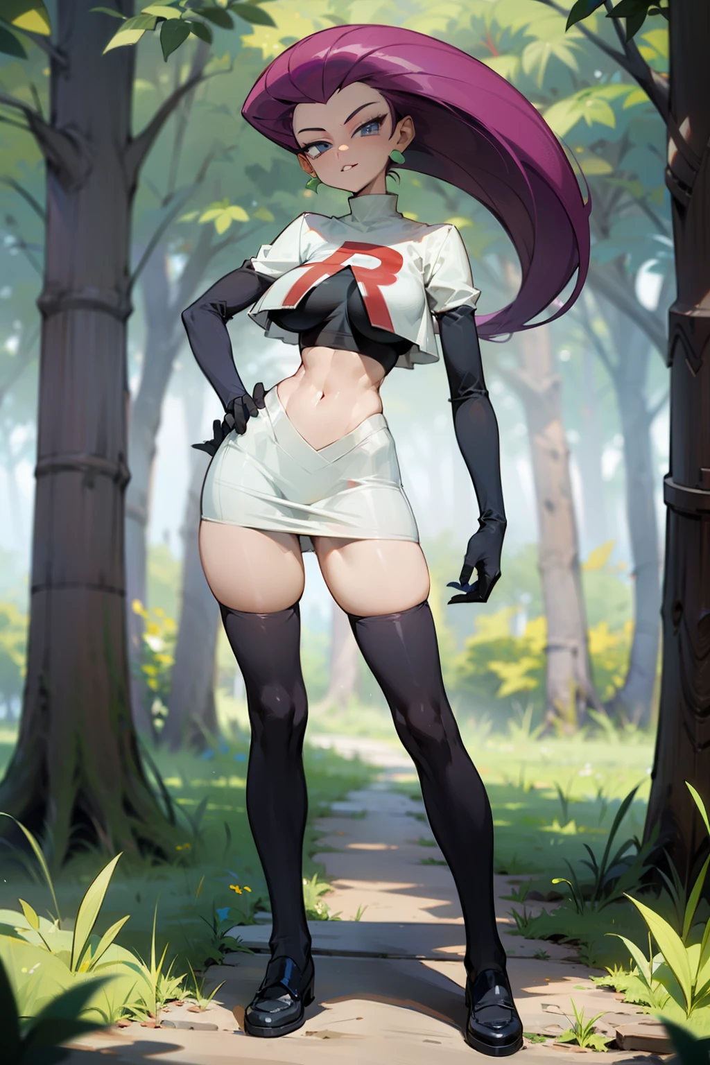 (Masterpiece), Best Quality, ultra-detailed, 1girl (jessie pokemon,Slender and sexy body, Big and pretty breasts, hair slicked back, long hair,purple hair,blue eyes , half-closed eyes), smirk, parted lips, facing viewer, looking at viewer, solo,
team rocket ,team rocket uniform ,white skirt,crop top,thighhighs,elbow gloves, in the forest, standing, Sexy waist teasing, a provocative pose