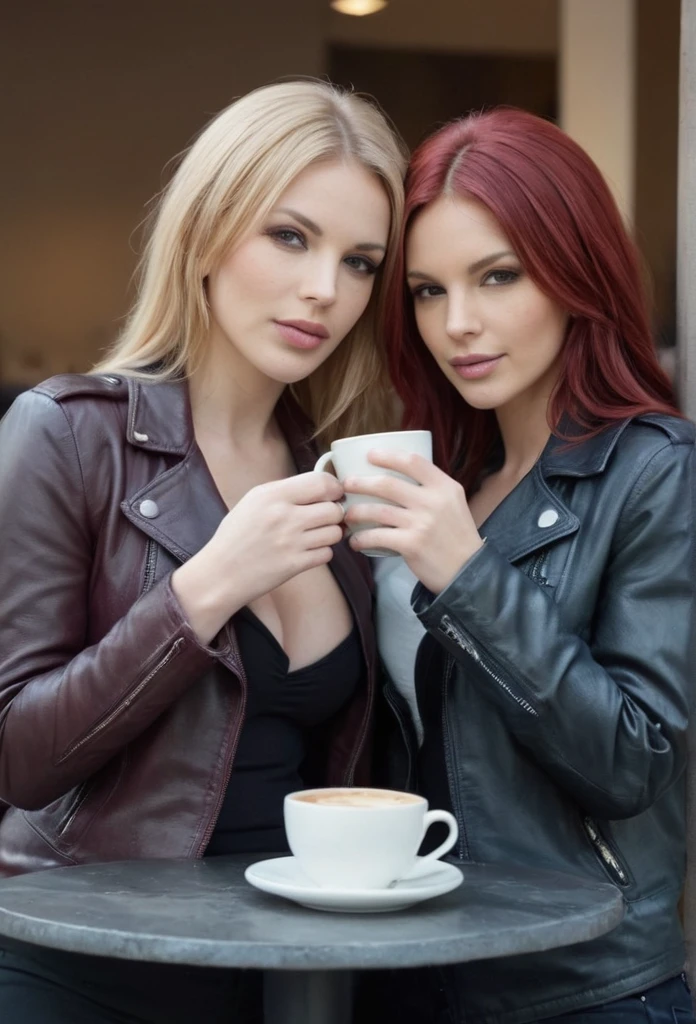 Create an image of a two women in leather jackets drinking coffee. One is the most beautiful red haired with big breasts other is light blond haired with big breasts. Ensure different hair colors