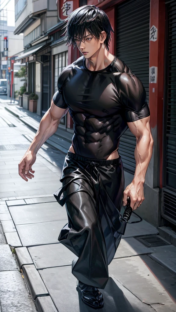 1 boy, Toji Fushiguro, muscular physique, black compression shirt, white baggy pants, small sword in hand, walking through the streets of Tokyo.
