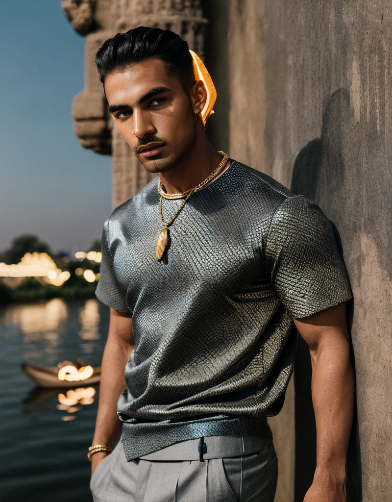 (masterpiece) (highest quality) detailed (((luminescent glowing))) mysterious ancient egyptian god as a ((clothed)) muscular man with (dark tan) in light grey and light blue designer ((((clothes)))) with fishscale pattern, fashion, men's fashion, haute couture, man, dark tan, male model, lotus pond, (Nile river), magic