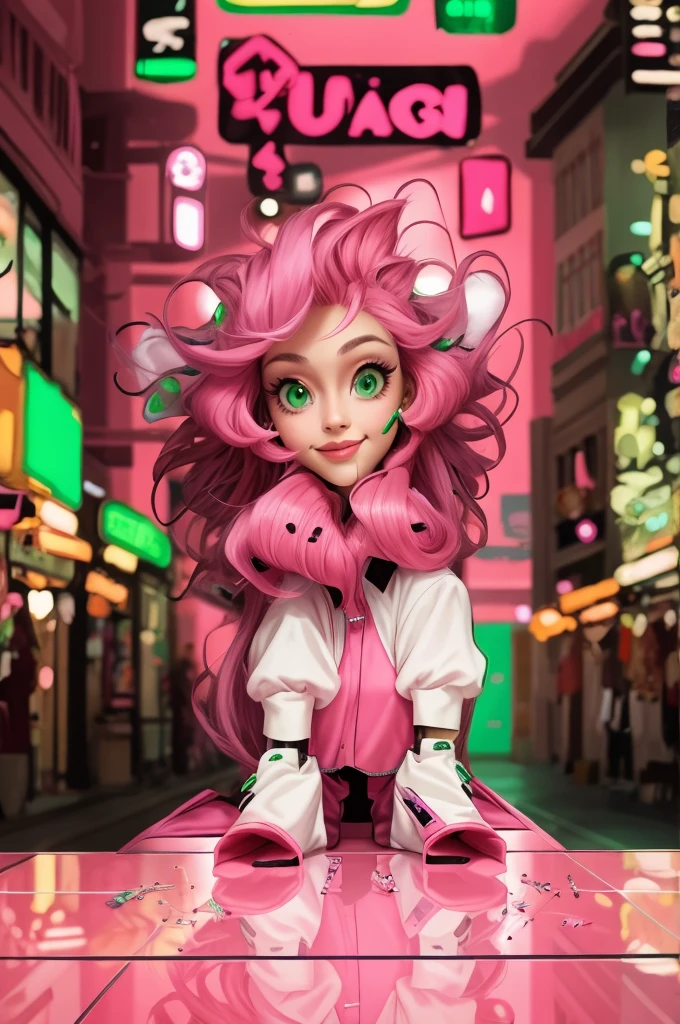 1girl, long hair, green eyes, earrings, jewerly, solo, kirt, looking at viewer, PINK hair, smile, very long hair, star hair ornement, jacket, lips, smile background