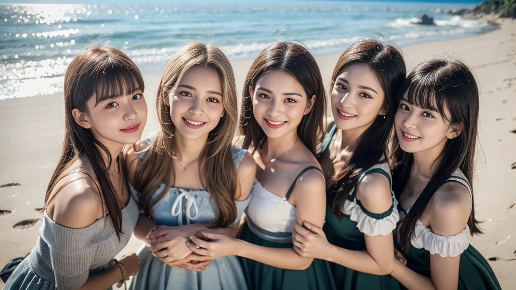 (8K、RAW photography、top-quality、tmasterpiece:1.2)、ultra - detailed、Hyper-Resolution、(hyper realisitc:1.4)、(Use the kiss you throw as a camera)from the above、camera shot from above、Shoot the camera angle from above、I look at this with upward eyes、Arms outstretched、Arms spread wide、Use high-quality images taken from above with your camera、(5 girls on the beach 1:1.3)、、Offshore girls(dreamlike lighting)Head to waist、、white skinned、Fair-skinned female proofreading、super high image quality、、Beautiful female proofreading reflecting in light、astonishing detail、Beautiful girls in very detailed、(Faces with different patterns1:1.2)、(Different facial mood 1:1.3)、Each hairstyle has its own characteristics、colours々Hairstyles、colours々The hair color shines with a clean sheen、I love fishing on the boat、Brown hair shining in the light、One has a ponytail、、Modern cute girl、very detailed faces very detailed eyes、Very realistic skin、 Extremely detailed fingers, Highly detailed nose, highly detail mouth, perfect anatomia, (Off-the-shoulder ta costume 1:1.2)、、Their hair details sparkle、Hot teeth and smiles、Realistic body, white skinned, glistning skin, Slim body, Long straight hair, (Blunt bangs:1.2), , nixeu and sakimichan, twice, seifuku, sakimichan, promotional still, lalisa manobal, alena aenami and lilia alvarado