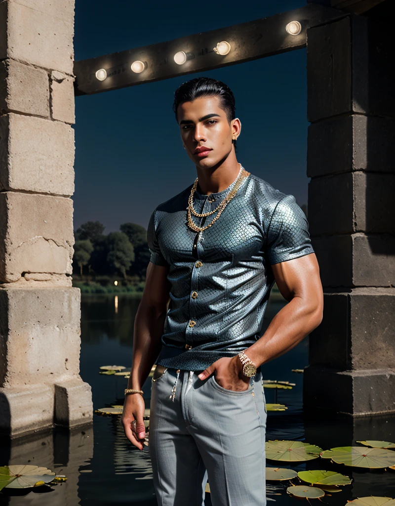 (masterpiece) (highest quality) detailed (((luminescent glowing))) mysterious ancient egyptian god as a ((clothed)) muscular man with (dark tan) in light grey and light blue designer ((((clothes)))) with fishscale pattern, fashion, men's fashion, haute couture, man, dark tan, male model, lotus pond, (Nile river), magic