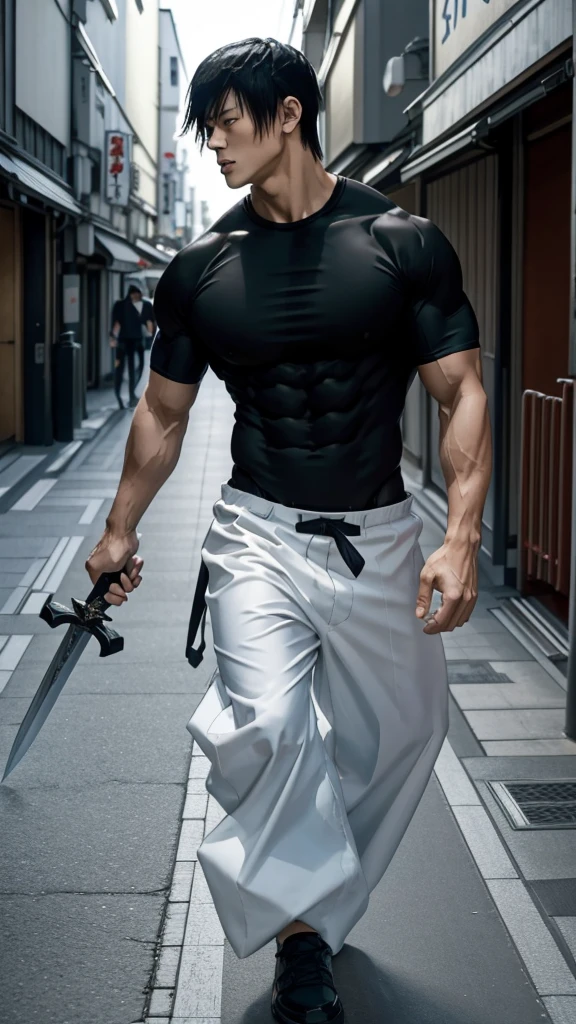 1 boy, Toji Fushiguro, muscular physique, black compression shirt, white baggy pants, small sword in hand, walking through the streets of Tokyo.