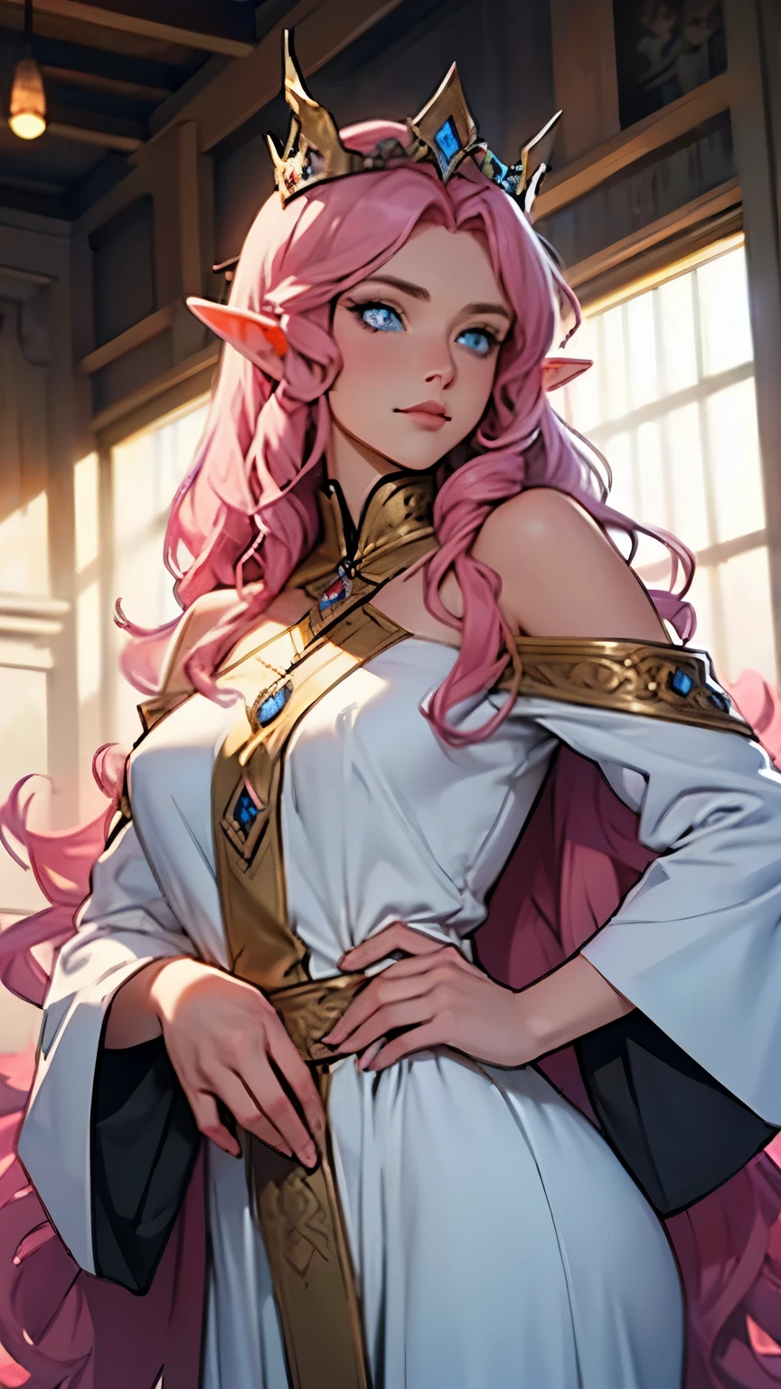 Adult woman, pink hair, long wavy hair, pink hair ,Blue eyes, elf, empress, crown, 45 years