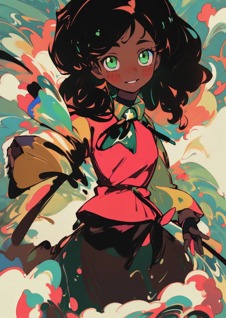 (masterpiece, best quality:1.3), (flat color:1.3),(colorful:1.3),looking at viewer,1girl,solo,floating colorful water,(2D:1.3) smirking beautiful face, Detailed face, white puffy gloves, chocolate brown skin black girl, water paint background, green eyes, blush cheeks