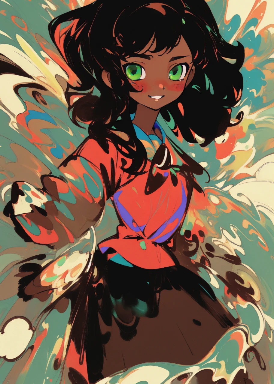 (masterpiece, best quality:1.3), (flat color:1.3),(colorful:1.3),looking at viewer,1girl,solo,floating colorful water,(2D:1.3) smirking beautiful face, Detailed face, white puffy gloves, chocolate brown skin black girl, water paint background, green eyes, blush cheeks