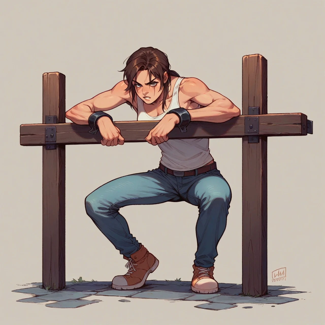 Lara croft in stocks pose,full body with cuffs, wearing a jeans and tank top,