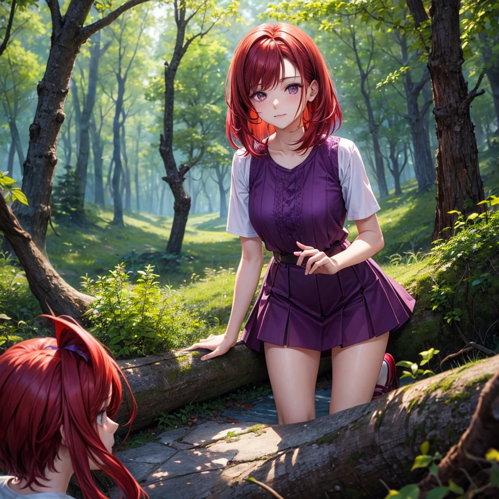 Red hair, Brown eyes, shorth hair, skin fair, purple clothes, colorful forest