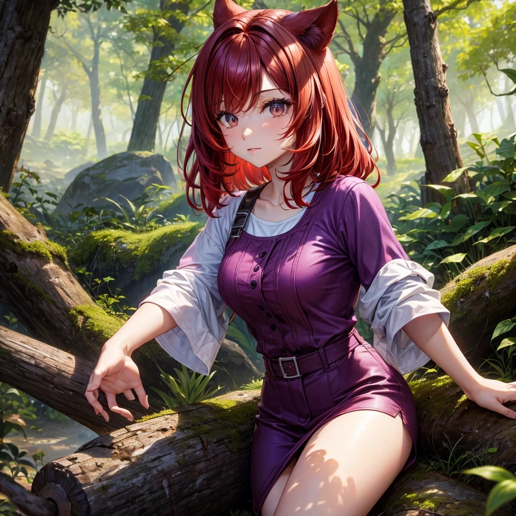 Red hair, Brown eyes, shorth hair, skin fair, purple clothes, colorful forest