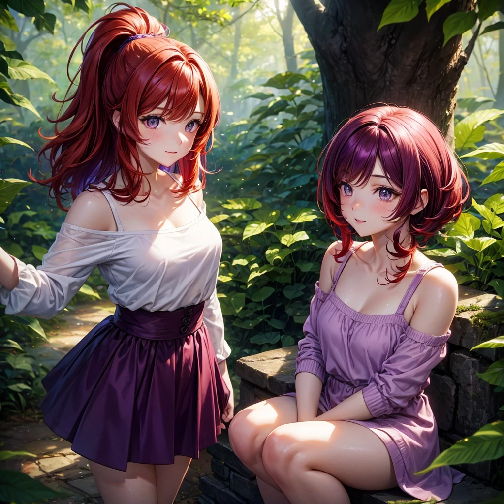 Red hair, Brown eyes, shorth hair, skin fair, purple clothes, colorful forest