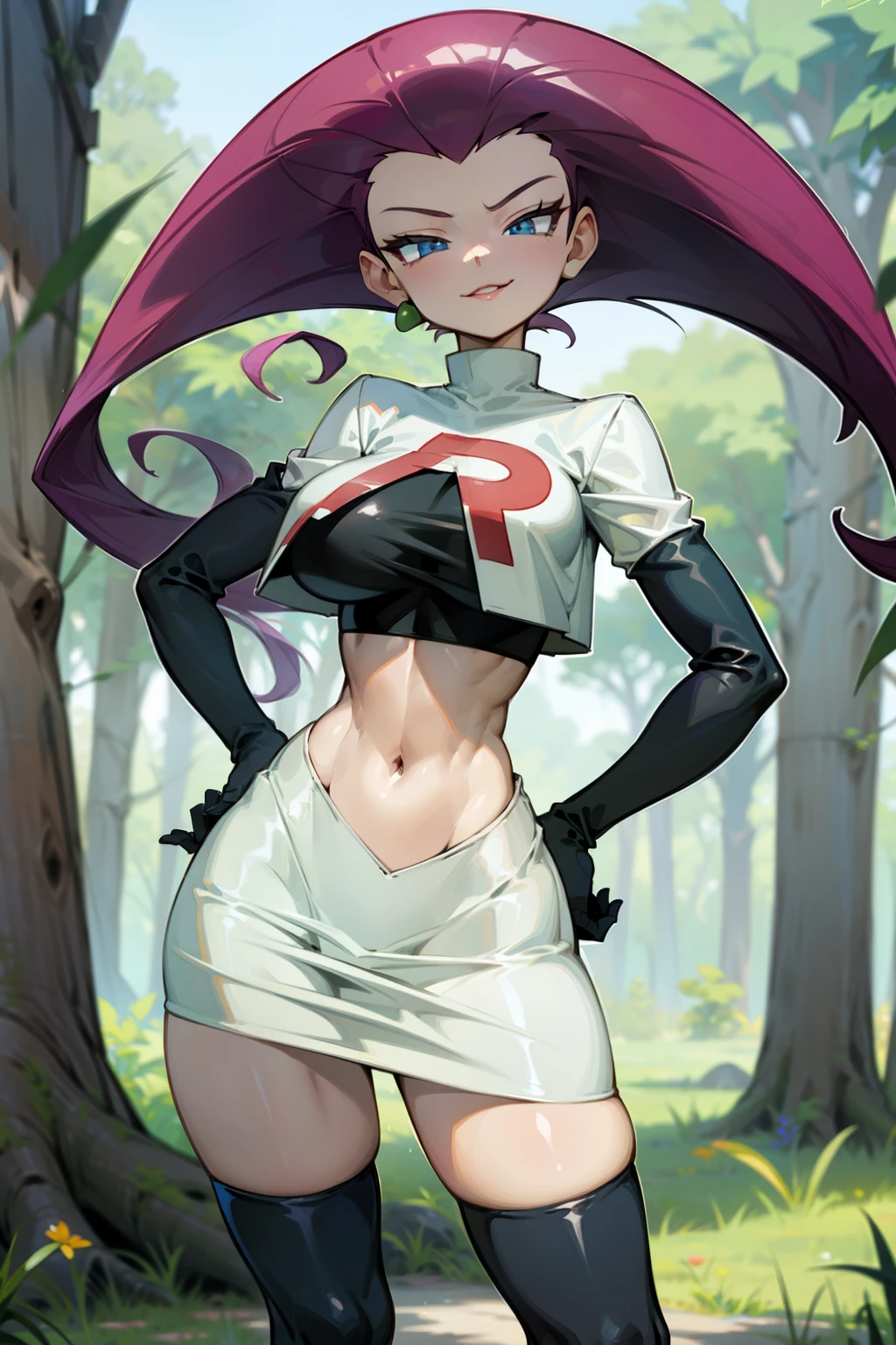 (Masterpiece), Best Quality, ultra-detailed, 1girl (jessie pokemon, Big and pretty breasts, hair slicked back, long hair,purple hair,blue eyes , half-closed eyes), smirk, parted lips, facing viewer, looking at viewer, solo,
team rocket ,team rocket uniform ,white skirt,crop top,thighhighs,elbow gloves, in the forest, standing, Sexy waist teasing, one hand on hips