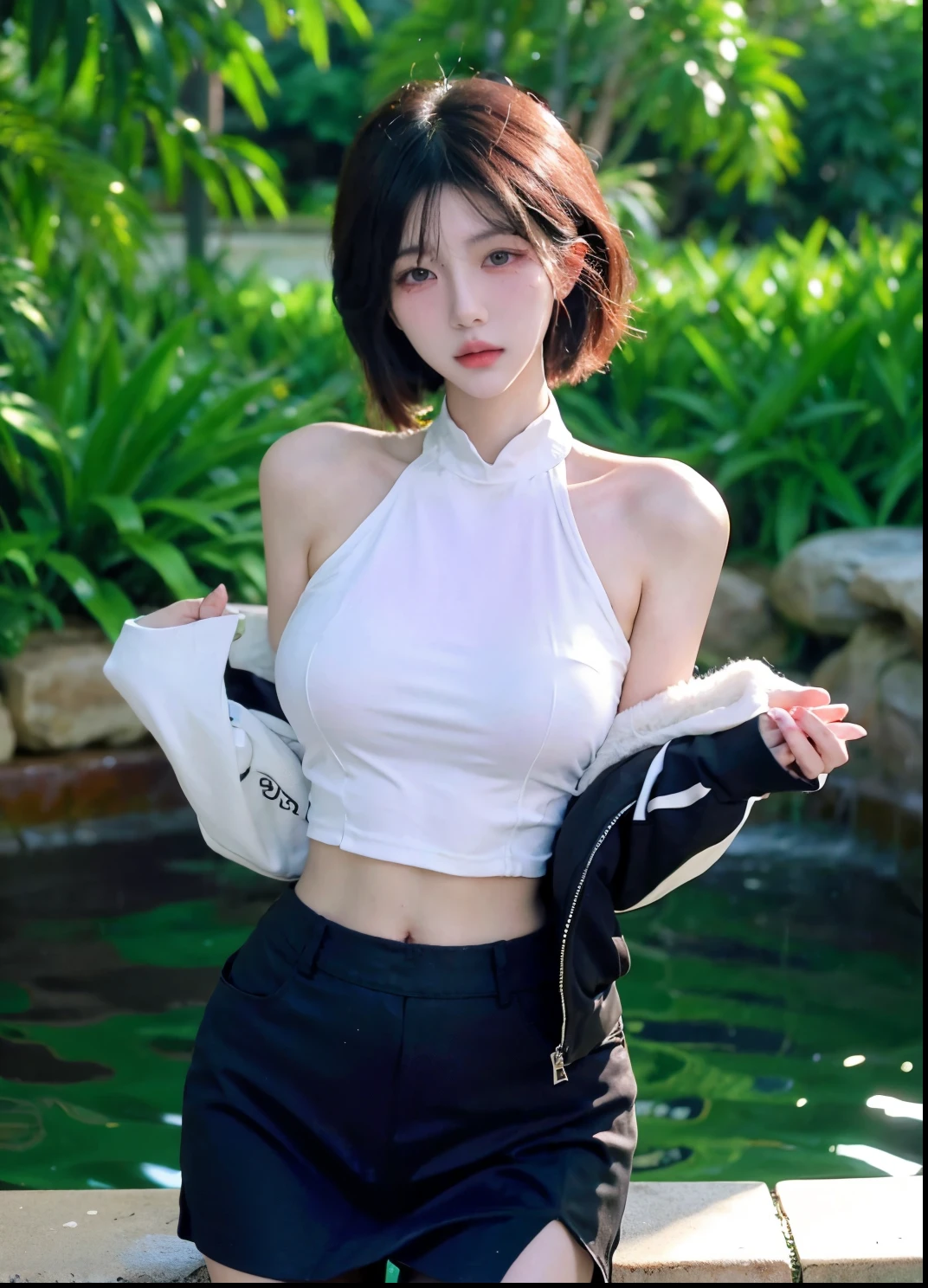 Beautiful woman with perfect figure:1.4,Ultra-high resolution,White legs,Put your hands behind your back,Swimming background,Big breasts:1.6,(Realism:1.4),perspective,Layered hairstyle,Snow white skin,JK:1.5,Super short pleated skirt,whole body:1.4,Very delicate and skin texture,Double eyelids,Skin Whitening,Long hair,White hair