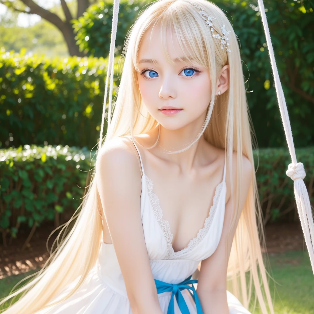 セクシーでVery beautiful face、Bright expression、Very beautiful golden shine、Very long, silky, dazzling pearly platinum blonde hair、Super long straight hair。Swing your bangs between your eyes、Sexy 15 year old cute girl、Beautiful skin as white as porcelain、Glowing Skin、Gloss Face、Cheek gloss、eyeliner、Small Face Beauty、Very beautiful face、Maid clothes、Ample breasts、Very beautiful, shining, pale marine blue eyes、
