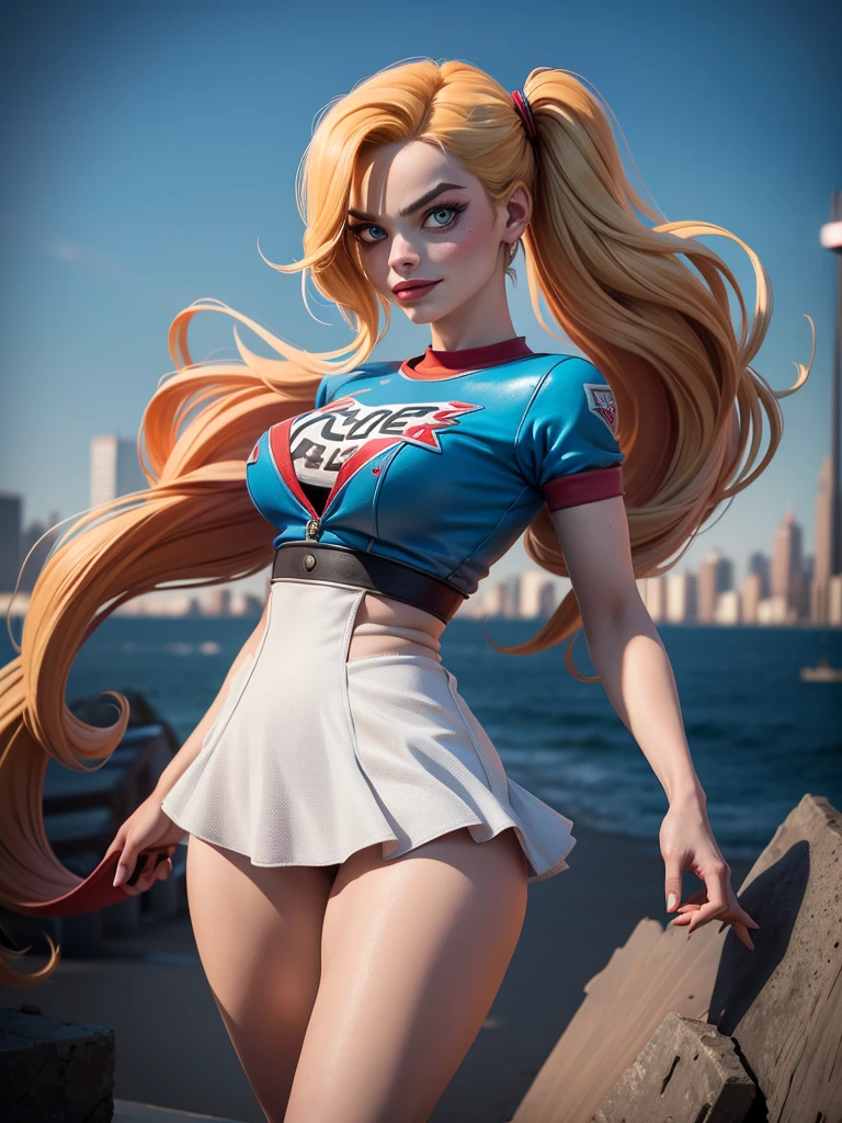 Margot Robbie dressed as Harley Quinn in Suicide Squad all alone. Mini short red and blue and a white T-shirt. Gotham City in the background. full body , éclairage cinématique, Angle dynamique, jolis yeux détaillés. (Texture naturelle de la peau, Hyperréalisme, lumière douce, clair: 1.2), (Détails complexes: 1.12), Chef-d’œuvre HDR, Meilleure qualité, (Photo très détaillée: 1.1), 8k. Folie. Excentricité. violence.