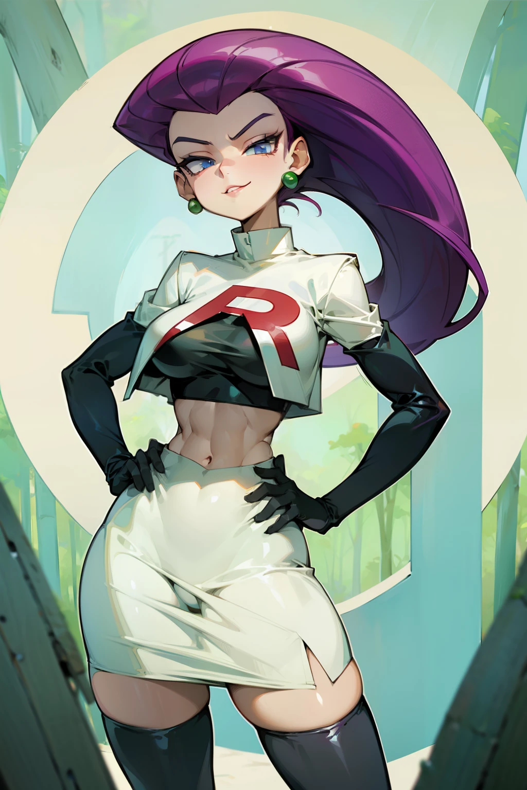 (Masterpiece), Best Quality, ultra-detailed, 1girl (jessie pokemon,Slender and sexy body, Big and pretty breasts, hair slicked back, long hair,purple hair,blue eyes , half-closed eyes), smirk, parted lips, facing viewer, looking at viewer, solo,
team rocket ,team rocket uniform ,white skirt,crop top,thighhighs,elbow gloves, in the forest, standing, Sexy waist teasing, one hand on hips