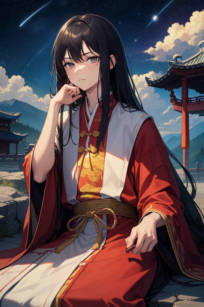 masterpiece, best quality, highres, semi-realistic, male focus, 1boy, black hair, absurdly long hair, lush hair, messy hair, grey eyes, looking at the viewer, annoyed, resting on a rock, wearing a wide sleeved ancient intricate chinese clothes, chinese architecture background, solo, night, stars, galaxy, auspicuous cloud, auspicuous smoke,
