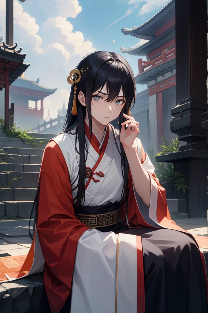 masterpiece, best quality, highres, semi-realistic, male focus, 1boy, black hair, absurdly long hair, lush hair, messy hair, grey eyes, looking at the viewer, annoyed, resting on a rock, wearing a wide sleeved ancient intricate chinese clothes, chinese architecture background, solo, night, stars, galaxy, auspicuous cloud, auspicuous smoke,
