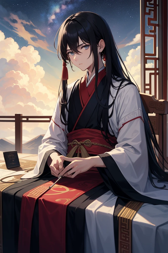 masterpiece, best quality, highres, semi-realistic, male focus, 1boy, black hair, absurdly long hair, lush hair, messy hair, grey eyes, looking at the viewer, annoyed, resting on a rock, wearing a wide sleeved ancient intricate chinese clothes, chinese architecture background, solo, night, stars, galaxy, auspicuous cloud, auspicuous smoke,