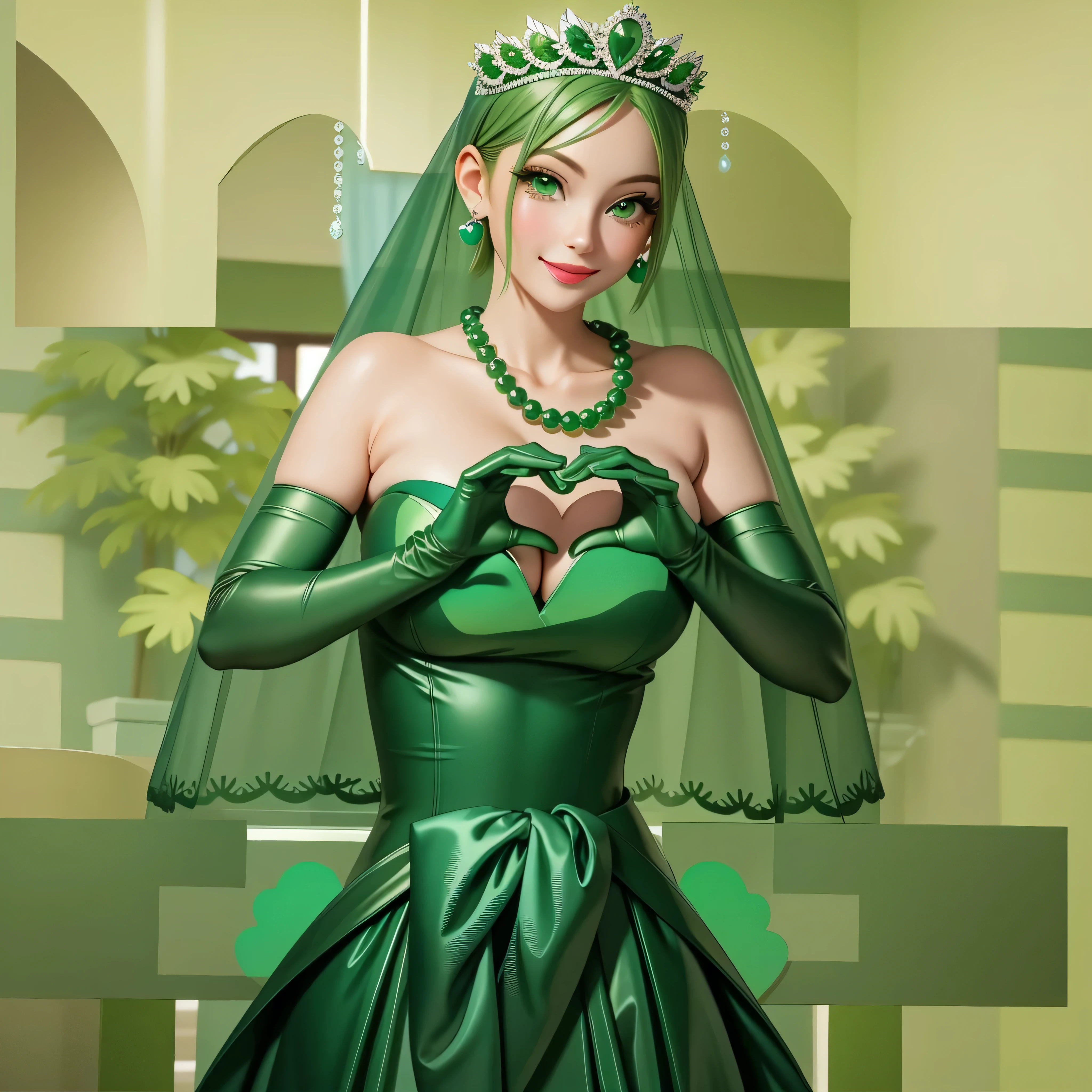 emerald tiara, Green Pearl Necklace, Boyish very short green hair, Green Lips, Smiling Japanese woman, Very short hair, Busty beautiful lady, Green Eyes, Green satin long gloves, Green Eyes, Emerald Earrings, Green veil, Heart with both hands, Green Hair, Beautiful Japanese Women, Heart shaped hands:1.3, green lip gloss