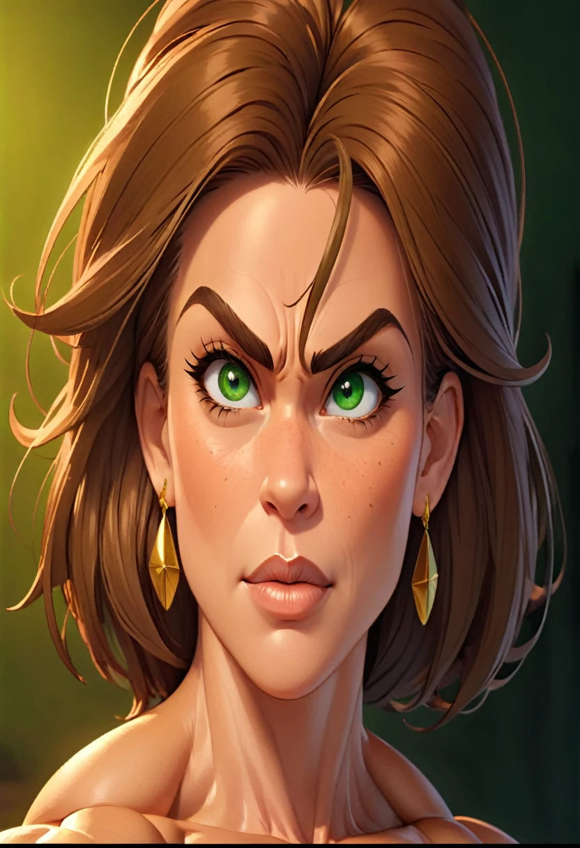 (masterpiece:1.2), (best quality), (ultra detailed), (8k, 4k, intricate),(full-body-shot:1), (highly detailed:1.2),(detailed face:1.2), (detailed background), muscle woman with brunette hair wearing green bikini flexing massive muscles, most muscular pose, woman with huge muscles, mature woman, stern expression, green eyes, angry expression