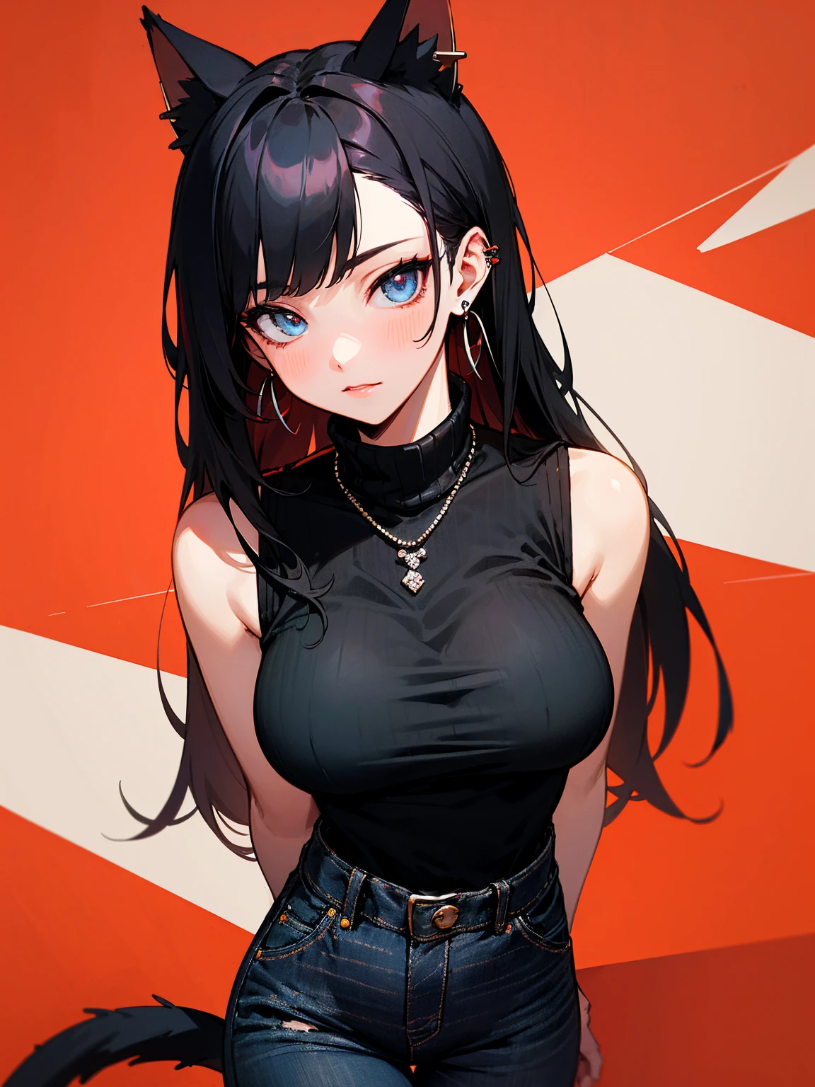 ((Long Straight Black hair)), Perfect face, Choker, Punk earrings, ((Tall)), ((High Quality)), Necklace, ((Mature)), Pretty Eyes, Sharp Nails, Bangs, ((1 Girl)), Hot, ((Multiple Earrings)), 1 girl, Beautiful, Sexy, Spiky Earrings, Adult, Spiked Collar, Thin Eyelashes, Plain Background, Red Colors in Background, Cat Girl, Long Tail, Large Tail, Massive Tail, Black Tail, ((Black Jeans)), ((Black Turtleneck Sweater)), Thick Thighs, Close Up,