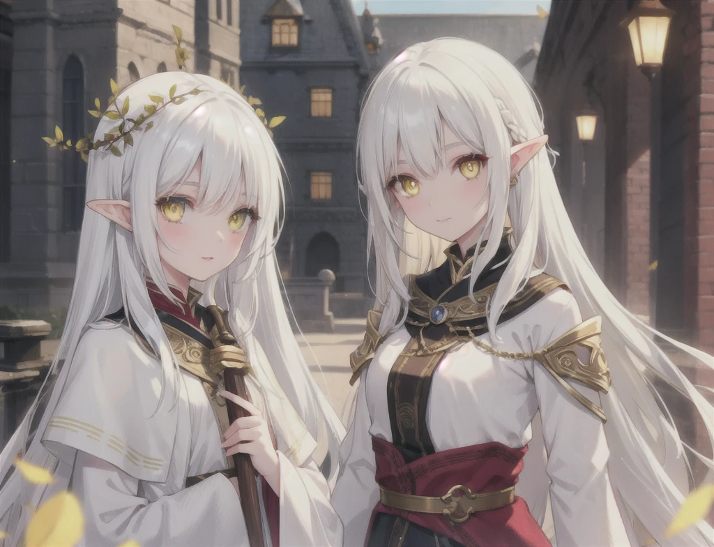 Create an elven girl with white hair and yellow eyes
