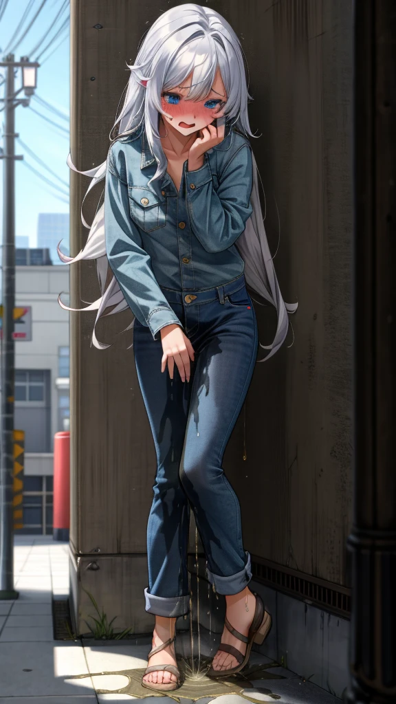 ((best quality, masterpiece:1.3, 8K)), (detailed), highly detailed face and skin texture, detailed eyes, downtown, full body, slender body, 1girl, 25 years old, white skin, blue eyes, worried, embarrassed, long hair, (forehead:0.8), (top:1.2), jeans pants, skinny jenas, blue jeans, footwear, peeing jeans, peeing pants, pee stain, (wetting herself), desperation,