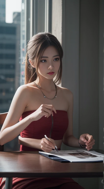 Tabletop, Highest quality, figure, Super detailed, In detail, High resolution, 8k wallpaper, Perfect dynamic composition, Beautiful attention to detail, Trendy women's winter fashion,Hair Bun,Small breasts Natural color Lips, Sexy pose,smile,Harajuku、20-year-old girl、cute、Looking at the camera